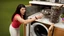 Placeholder: very confused young woman tosses a few metal spoons into her household dryer