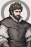 Placeholder: man, age 20, medieval, fighter, russian, croocked nose, czar, rich, simple clothes, short messy hair, thick beard, oligarch, leather coat with fur, brocade clothes, pencil drawing, black or red hair