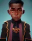 Placeholder: Portrait of a handsome black skinned toddler warlock boy with dark hair by Jim Kay