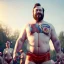 Placeholder: Ultra realistic circus scene. Classic Naked strongman, waist up view, old school tattoo, Wes Anderson style, happy, bubbles, butterflys, highly detailed, concept art, unreal engine 5, god rays, ray tracing, RTX, lumen lighting, ultra detail, volumetric lighting, 3d, finely drawn, high definition, high resolution.