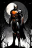 Placeholder: Owlman, comic style artwork, dark black, Orange and white, calm, full body