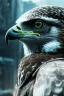 Placeholder: portrait,beautiful hawk robot, post-apocalyptic in a cyberpunk city, realistic, intriacte detail, sci-fi fantasy style, volumetric lighting, particales,highly detailed,cinamatic, deep