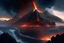 Placeholder: A spectacular landscape of a volcanic island, with a smoldering, ash-crowned peak rising majestically from the sea, and molten lava flowing into the steaming waters below.