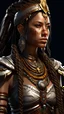 Placeholder: female kalashtar from dungeons and dragons, barbarian class from dungeons and dragons, long and dark hair bound in intricate braids, bronze skin, amber eyes flecked with silver, armor adorned with trophies and tokens such as furs, bones, feathers, and intricate tattoos, realistic, digital art, high resolution, strong lighting