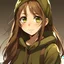 Placeholder: Teenage girl, anime style, golden eyes, long brown hair, braided pigtails, innocent looking, green army hoodie,