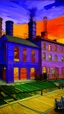 Placeholder: A purple factory with a library painted by Vincent van Gogh