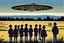 Placeholder: bumper sticker design, westall in bold heading text, ufo 1966, lots of school children looking up in a field, mysterious cool, bold
