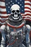 Placeholder: A close up of a skeleton face looking at the camera from a mysterious side view. Deep bony features and inside the hollow eyes are red shining lights, scary. Dressed in an astronaut suit floating in space. On his suit is an American flag and in his one hand is a small wavering American hand flag. From the back of his suit is blowing out blue, white and red smoke. Realistic, 8k, highly detailed, funny