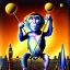 Placeholder: A monkey playing the drums, london skyline at night, in the style of Salvador Dali