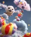 Placeholder: Ultra realistic speed clouds sky scene, wide angle view, childs falling down with many Childs background, circus dress style, feather color, free jumping flying, many trinkets, hair monster, many jelly beans, balls, color smoke, smile, happy, extreme, wind, clouds sea, 20,000 feet altitude, stratosphere, soft color, highly detailed, unreal engine 5, ray tracing, RTX, lumen lighting, ultra detail, volumetric lighting, 3d, finely drawn, high definition, high resolution.