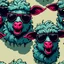 Placeholder: zombie black sheep heads wearing sunglasses biting each other, cartoon style, street art style