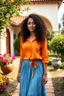 Placeholder: create a video of beautiful lady curvy hair standing in a pretty villa garden wearing blue skirt and orange shirt