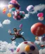 Placeholder: Ultra realistic speed clouds sky scene, wide angle view, strong men falling down with many Childs background, circus dress style, feather color, free jumping flying, many trinkets, hair monster, many jelly beans, balls, color smoke, smile, happy, extreme, wind, clouds sea, 20,000 feet altitude, stratosphere, soft color, highly detailed, unreal engine 5, ray tracing, RTX, lumen lighting, ultra detail, volumetric lighting, 3d, finely drawn, high definition, high resolution.