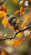 Placeholder: A tiny figure built from intricate acorn caps, balancing playfully on a twisted vine, surrounded by a swirl of autumn leaves caught in a gentle breeze.