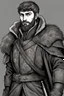 Placeholder: man, age 20, medieval, fighter, russian, croocked nose, czar, rich, simple clothes, short messy hair, thick beard, oligarch, leather coat with fur, brocade clothes, pencil drawing, black or red hair