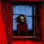 Placeholder: kid's drawing of a scarecrow looking in his window, dramatic, horror, by Jonathan Meese, 2D oil painting, red hues