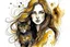 Placeholder: long haired woman with cat, white watercolor and black ink, golden glitters