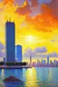 Placeholder: Amazing sunset, buildings, rocks, distant city, trees, cyberpunk, sci-fi, claude monet impressionism paintings