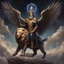 Placeholder: A god-like man with infinite power who holds the galaxies and wears a beautiful crown, a jewel made of diamonds and galaxies with weapons, riding on a lion with an eagle's head and eagle's wings.