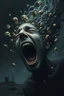 Placeholder: full disintegrating face and head, screaming, blur human face with falling to pieces, pain, loneliness, sad, despair, madness, fear, swirling, surreal dark background, storm, wind, floating of non-figurative weird cepy shapes, the metaverse and inner galaxy expanding, dark hole, resignation, cold, barren world, surreal style by Vincent Lefevre, El Kazovszkij, Anton Semenov, Natalia Drepina , Yoshitaka Amano, dark mode, deep dark colors, thriller