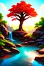 Placeholder: A beautiful stylized landscape, alcohol ink, large blots, a huge tree with red leaves stands in a rocky area, behind the tree there is a sunset, which has orange and red hues, waterfalls trickling between the rocks, reflection in the water, green vegetation, tranquility and harmony , 3D, 4K, HDRi.