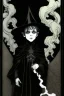 Placeholder: 7 year old boy, necromancer, friendly, looks dead, surrounded by weird smoke with eyes, wearing black robes, in the style of Harry Clarke