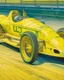 Placeholder: A light yellow racecar on a race track painted by Vincent van Gogh