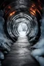 Placeholder: beautiful ice tunnel leading to metal doors, explosions behind the ice