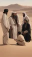 Placeholder: A picture of ten men, in the desert, in old Arab dress, with black hair and a thick beard, talking to each other.