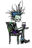 Placeholder: 2d drawing of a stickman, cool with punk hair, x eyes like in hangman, sideview of him sitting in a car, arm resting on door