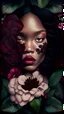 Placeholder: beautiful realistic black woman with flower pattern face, with dark red hair, lots of magnolias of all colors growing from her, dark green flower pattern background
