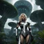 Placeholder: Wide-angle photo of a slim sci-fi woman with blond hair, wearing a silver and black futuristic android-like spacesuit, standing on an alien cloud tree jungle planet