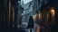 Placeholder: a woman in a hood walking down a dark medieval alley in the rain