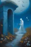 Placeholder: Hourglass with blue sand under the blue gate, woman with flowers, letter carried by a white owl, tears, artstation style, colors, unreal, Zdzisław Beksiński