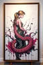 Placeholder: A women painted with Liquid abstract painting, worm colors Stand, liquid pattern in side large 3D picture frame