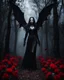 Placeholder: Facing front photography Gothic Art Style realistic Full body,creepy Vampire ghost woman long hair straddle wings bat she on walk on creepy,in dark night mystery forest,red roses flowers sorrounded background,dramatic angle, extreme angle shot, trypophobia, horror