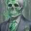 Placeholder: a head and shoulders portrait of a skeleton dressed in a three-piece suit as the president of the united states, based on us currency, united states one dollar bill, shades of green, real-life, colors match the united states one dollar bill, realistic, robotic,