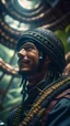 Placeholder: close up portrait of a happy blessed buffalo soldier in a space alien mega structure with stairs and bridges woven into a sacred geometry knitted tapestry hammock over an ant hill in the middle of lush magic jungle forest, bokeh like f/0.8, tilt-shift lens 8k, high detail, smooth render, down-light, unreal engine, prize winning