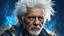 Placeholder: Old Punk 60 years old, portrait, white hair, blue background, gold and silver fragments and particles, glow, glare, old torn cracked canvas, mystical, fine rendering, high detail, sharp focus, 8K