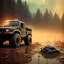 Placeholder: stylized hyperrealistic shot, muddy aggressive military toy truck, monotone color palette, sharp focus, puddle reflection, tire water splash, refraction, mist on the horizon, sunset, rocky terrain with huge boulders, detailed and intricate, cinematic composition, micro, tilt shift photography, unreal engine 5, octane render, 8k, cinematic lighting