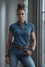 Placeholder: a very muscular female mother dressed polo t-shirt and blue jean pant with hair styled into a professional bun with a very masculine body structure and standing with hands in pocket facing front in a photorealistic picture