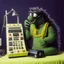 Placeholder: Godzilla as a muppet kawaii calling phone using a nokia, studio photo. Magazine 1980