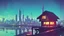 Placeholder: small Wooden European Cabin, In cyberpunk city-skyline, comic style