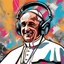 Placeholder: Illustrative sketch of Pope Francis in music with headphones, contrasting colors, ultra quality, hyper detailed, graffiti, concept art, maximalism, 8k