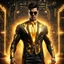 Placeholder: Hyper Realistic handsome muscular Electric-Superhero with short-black-hair wearing long-fancy-golden-tuxedo-with-yellow-circuit-patterns & fancy-sunglasses in a dark-rustic-circuit-room with electric-sparks-&-rays & a massive circuit-board-wall with-glowing-embers showing dramatic & cinematic ambiance.