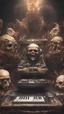 Placeholder: DJ of the damnded, insanely detailed DJ booth in hell, MID set, speakers and equipment made of bone, anatomically correct, add more skulls in th audience, photorealism, vray, 8k 3d