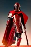 Placeholder: Planet Mars portrayed as a menacing man wearing Roman-like armour, a red cape, and a roman helmet that covers his face entirely, he is armed with a spear and a spartan shield, his armour is covered with battle marks