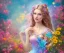 Placeholder: beautiful bright happy fairy portrait with long hair, thin face, two hands in a pink,blue, yellow flowers background,