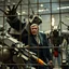 Placeholder: crudely made proto homemade metal battle robots in a steel cage battle arena where a recoiling Middle aged Man in suit is unexpectedly caught inside, college student robotics club Robot War, saw blades, retractable spears, mini flamethrowers, grainy photography, dramatic