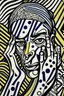 Placeholder: tribal man in grief with hands on face crazy shapes pencil draw style of roy lichtenstein